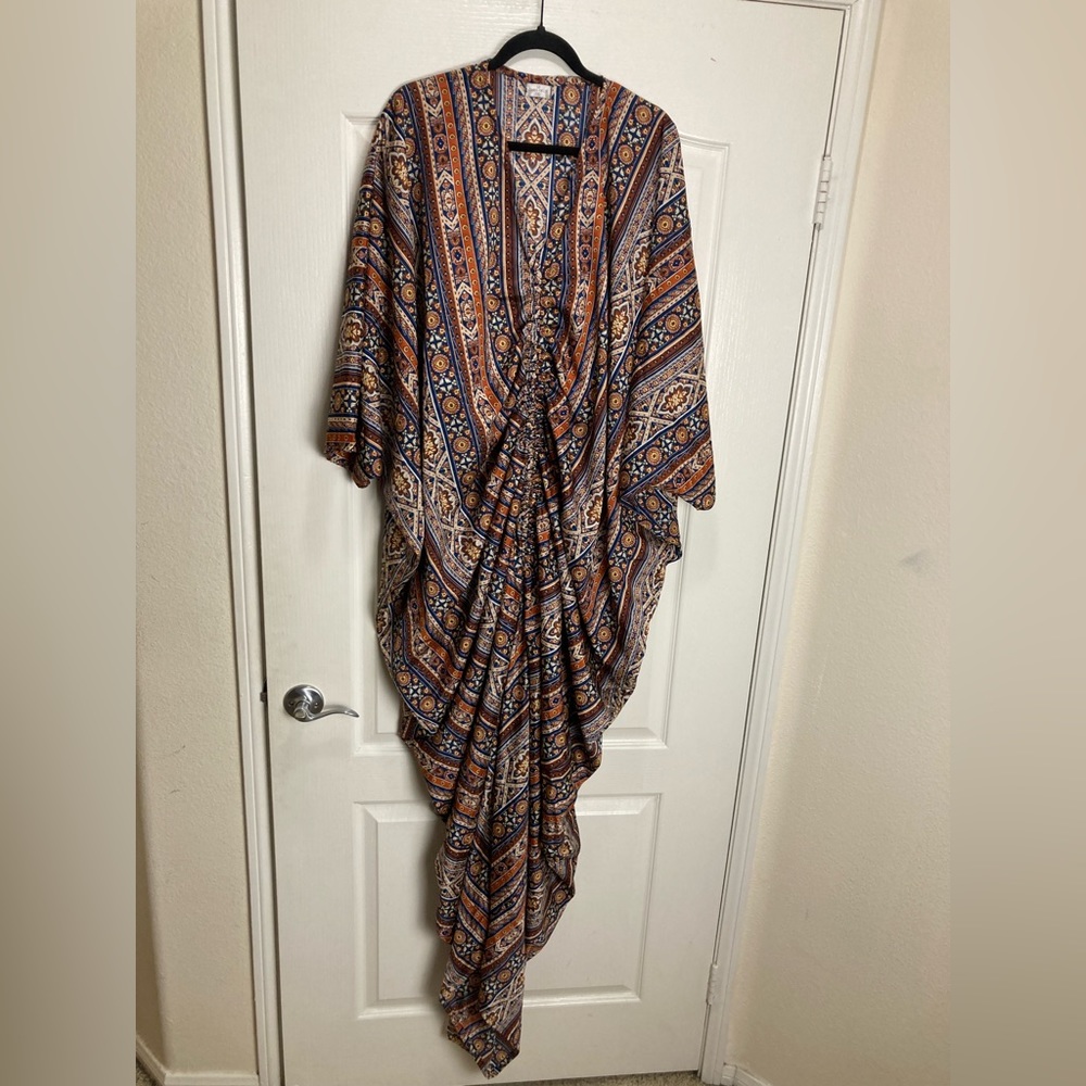 Grass-Fields Extreme Maxi Ruched African Kaftan with Slit,Size 2XL,Brown multi